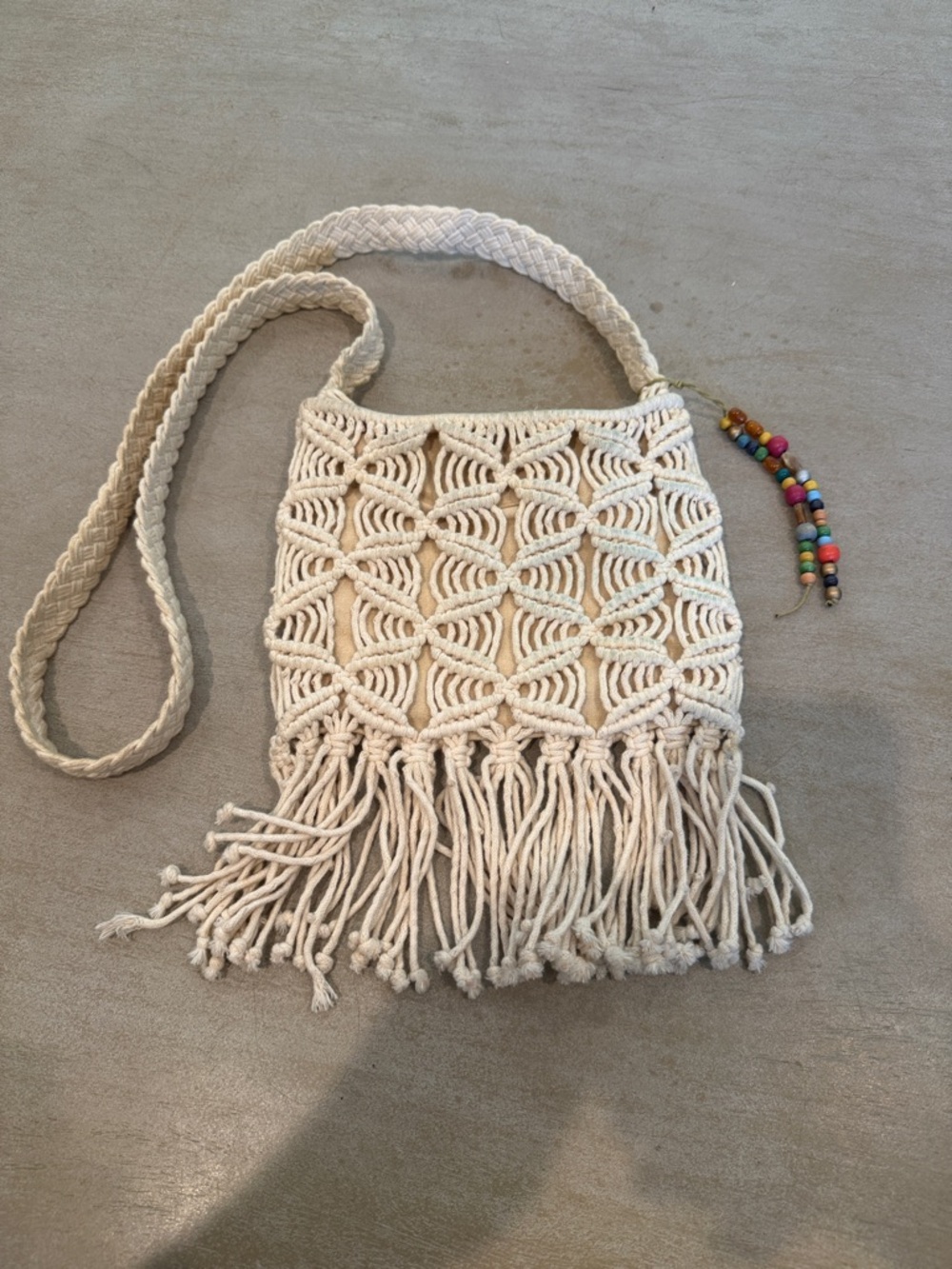 Lucky Brand Cream Macramé Fringe Crossbody Bag with Bead Accent